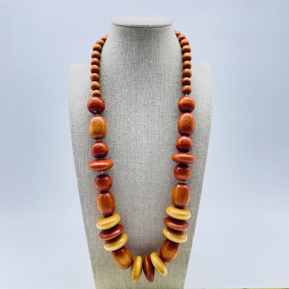 Brown Shades Wood Bead Necklace Gold Tone Ethnic Native Tribal Classic Boho - Picture 4 of 6